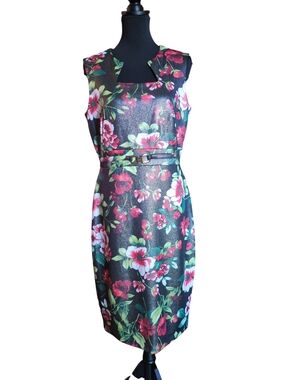 Enfocus Studio Black Floral Midi Sheath Dress with Belt